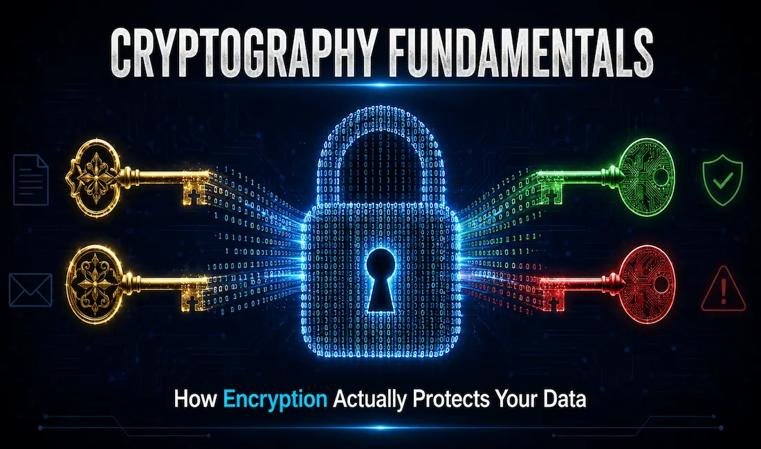 Cryptography Fundamentals Illustration Showing Symmetric And Asymmetric Encryption Key Pairs With A Padlock Formed From Binary Code