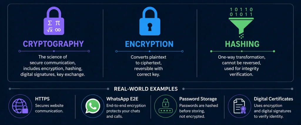 Cryptography Fundamentals: How Encryption Actually Protects Your Data 2 Infographic Comparing Cryptography, Encryption, And Hashing Showing Definitions, Differences, And Real-World Examples Including Https And Whatsapp