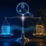 Glowing Scales Of Justice Balancing A Digital Server Icon Against A Legal Document Icon, With Binary Data Trails Bridging The Two Sides And A Magnifying Glass Examining Digital Evidence