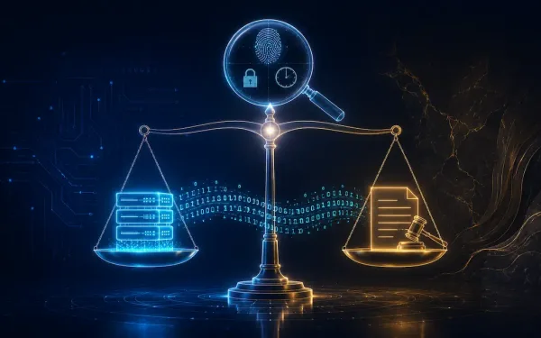 Glowing Scales Of Justice Balancing A Digital Server Icon Against A Legal Document Icon, With Binary Data Trails Bridging The Two Sides And A Magnifying Glass Examining Digital Evidence