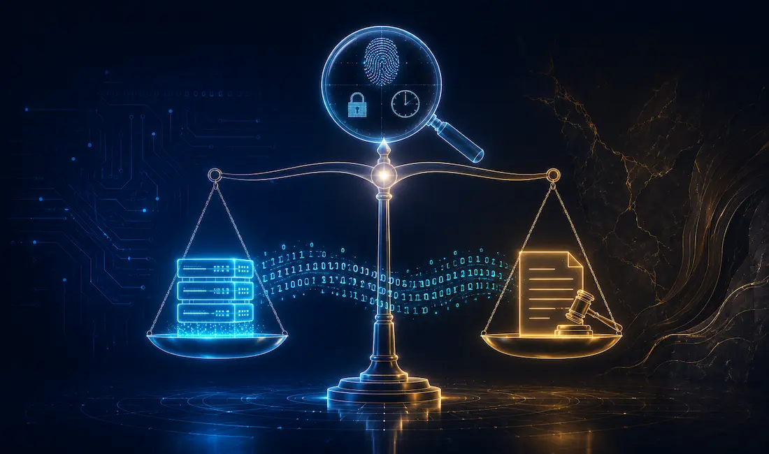 When A Cybersecurity Incident Becomes A Criminal Investigation 1 Glowing Scales Of Justice Balancing A Digital Server Icon Against A Legal Document Icon, With Binary Data Trails Bridging The Two Sides And A Magnifying Glass Examining Digital Evidence