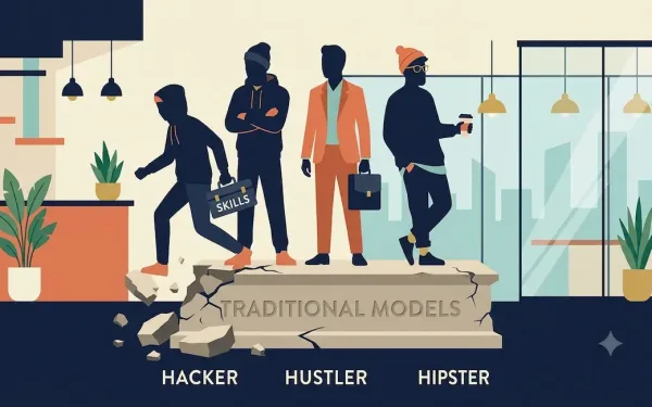 Illustration Showing The Hacker-Hustler-Hipster Startup Hiring Myth Being Retired, Replaced By Functional, Gap-Based Hiring Strategy. Modern Flat Vector Style.