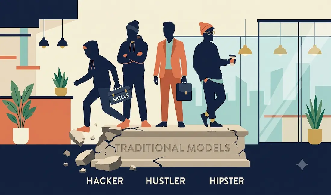 The Hacker, The Hustler, And The Hipster: Startup Culture’s Favorite Hiring Myth Is Overdue For Retirement 1 Illustration Showing The Hacker-Hustler-Hipster Startup Hiring Myth Being Retired, Replaced By Functional, Gap-Based Hiring Strategy. Modern Flat Vector Style.