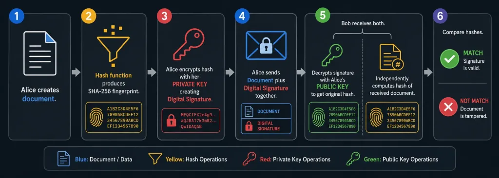 Cryptography Fundamentals: How Encryption Actually Protects Your Data 4 Six-Step Diagram Showing How Digital Signatures Work Using Private Key Signing And Public Key Verification With Sha-256 Hashing