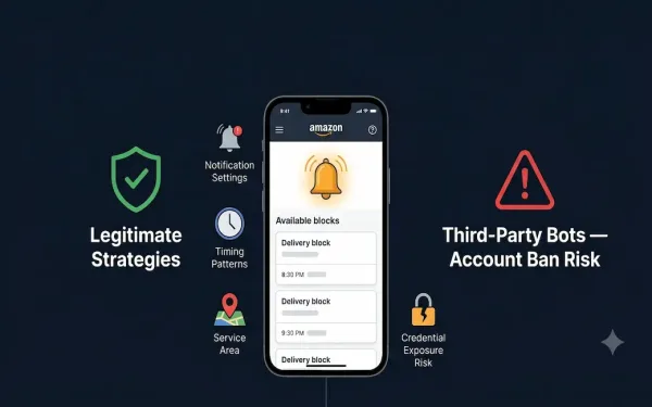 Smartphone Showing A Delivery App With A Glowing Notification Bell And Available Block Cards, Alongside A Green Checkmark Icon For Legitimate Strategies And A Red Warning Triangle For Third-Party Bot Account Ban And Credential Risk