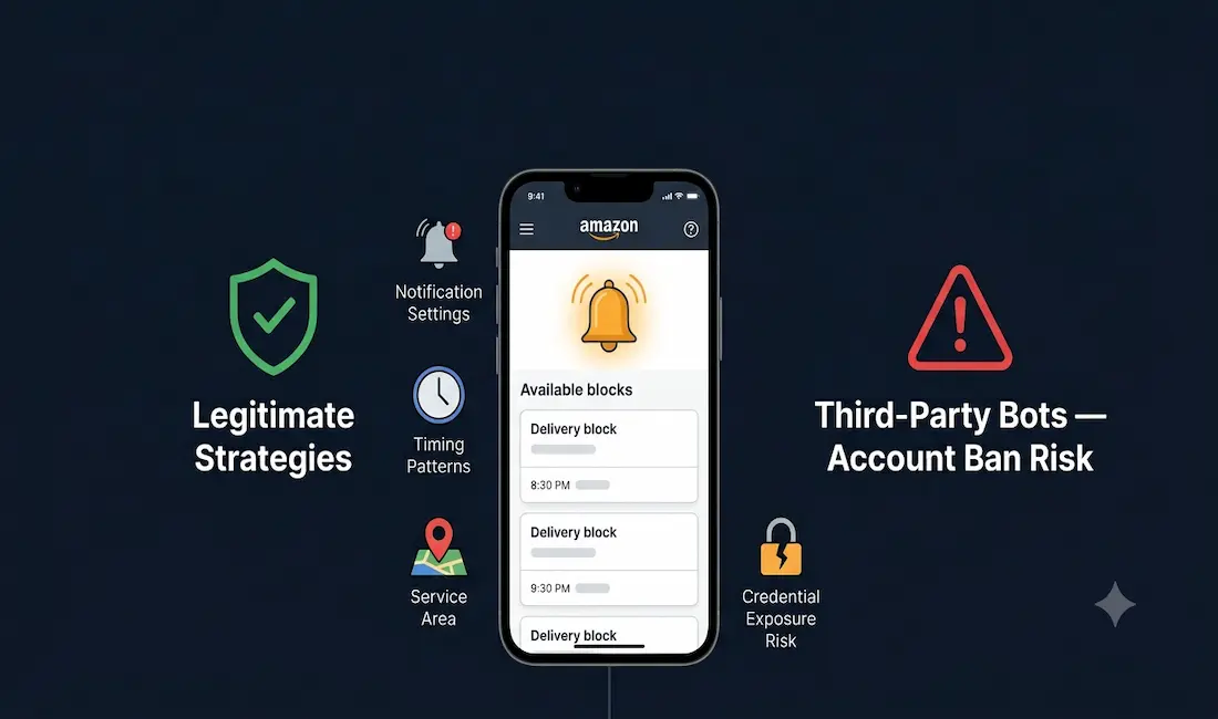 How To Get More Amazon Flex Blocks: Legitimate Strategies 1 Smartphone Showing A Delivery App With A Glowing Notification Bell And Available Block Cards, Alongside A Green Checkmark Icon For Legitimate Strategies And A Red Warning Triangle For Third-Party Bot Account Ban And Credential Risk