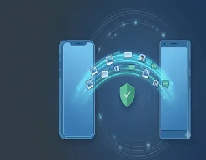 Illustration Of Data Transferring Securely Between Two Smartphones, Representing A Wondershare Mobiletrans Safety Review