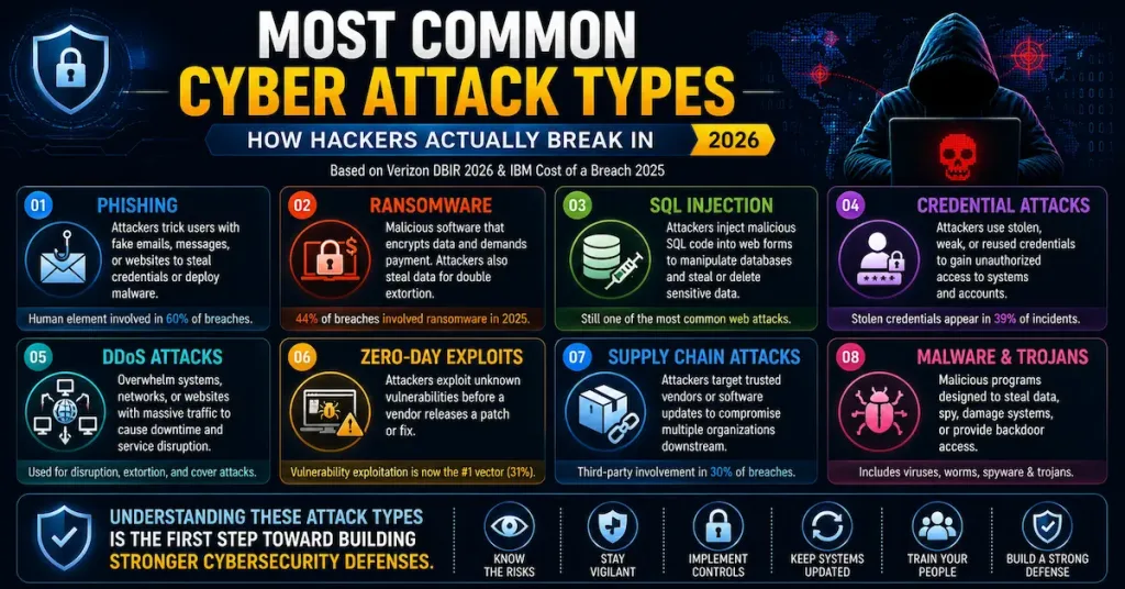 Common Cyber Attack Types: How Hackers Actually Break In 2 Infographic Illustrating The Most Common Cyber Attack Types In 2026, Including Phishing, Ransomware, Sql Injection, Ddos Attacks, Credential Attacks, Malware, Zero-Day Exploits, And Supply Chain Attacks.