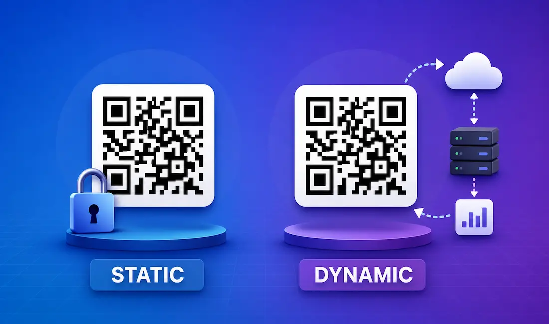 Illustration Comparing Static And Dynamic Qr Codes Side By Side, Showing A Padlock Icon For Fixed Static Codes And A Cloud-Sync Icon For Editable Dynamic Codes