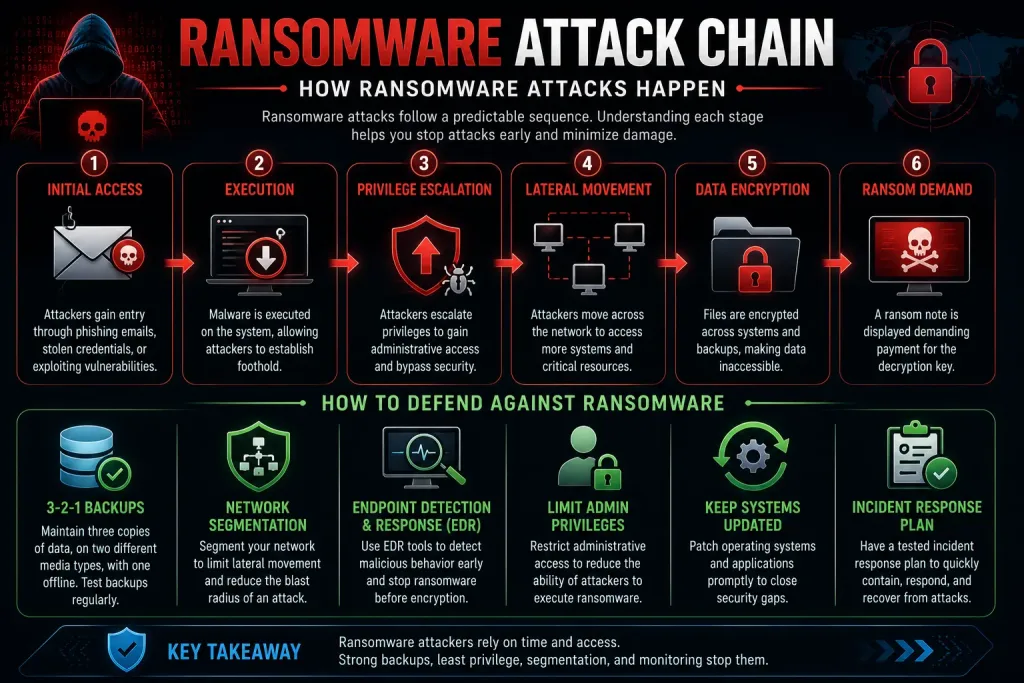 Common Cyber Attack Types: How Hackers Actually Break In 5 Ransomware Attack Chain Infographic Illustrating The Six Stages Of A Ransomware Attack, Including Initial Access, Malware Execution, Privilege Escalation, Lateral Movement, Data Encryption, And Ransom Demand, Along With Cybersecurity Best Practices Such As Offline Backups, Network Segmentation, Endpoint Detection And Response, Patch Management, And Incident Response Planning.