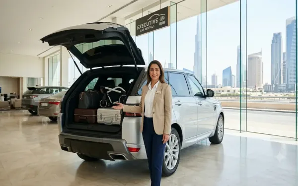 Professional Suv Rental Consultant Dubai Helping Family Choose Premium 7-Seater Vehicle In Luxury Showroom