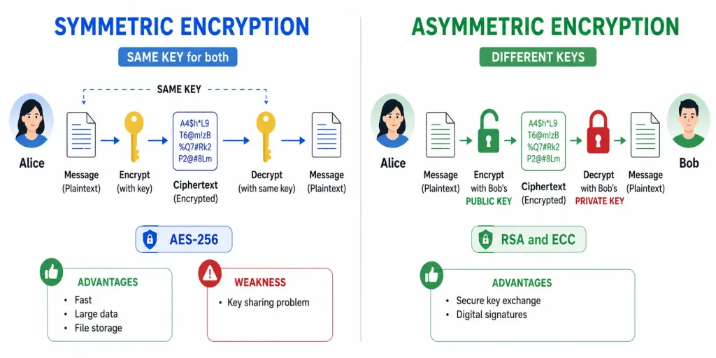 Cryptography Fundamentals: How Encryption Actually Protects Your Data 3 Side-By-Side Diagram Comparing Symmetric Encryption Using One Shared Key Versus Asymmetric Encryption Using A Public And Private Key Pair