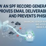 Illustration Showing An Spf Record Generator Improving Email Deliverability With Authenticated Email, Dns Verification, And Phishing Prevention.