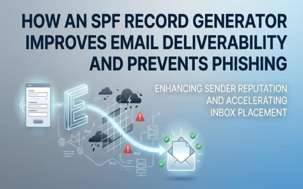 Illustration Showing An Spf Record Generator Improving Email Deliverability With Authenticated Email, Dns Verification, And Phishing Prevention.