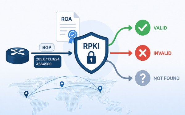 Illustration Of Rpki Route Origin Validation Showing Bgp Routing, Roa Verification, And Valid, Invalid, And Not Found Route Status Indicators.
