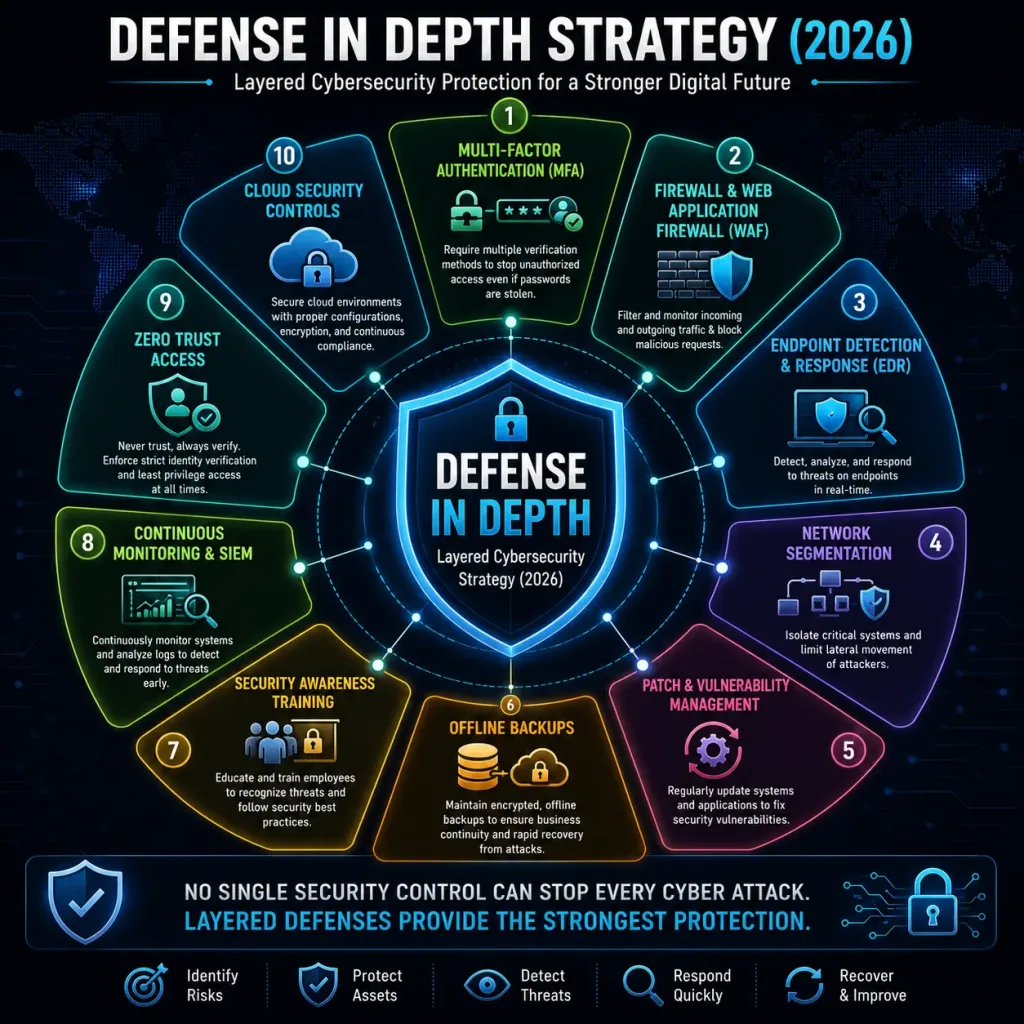 Common Cyber Attack Types: How Hackers Actually Break In 6 Defense In Depth Cybersecurity Infographic Illustrating A Layered Security Strategy With Multi-Factor Authentication, Firewall And Web Application Firewall, Endpoint Detection And Response, Network Segmentation, Patch Management, Offline Backups, Security Awareness Training, Continuous Monitoring And Siem, Zero Trust Access, And Cloud Security Controls Protecting Against Modern Cyber Attacks.