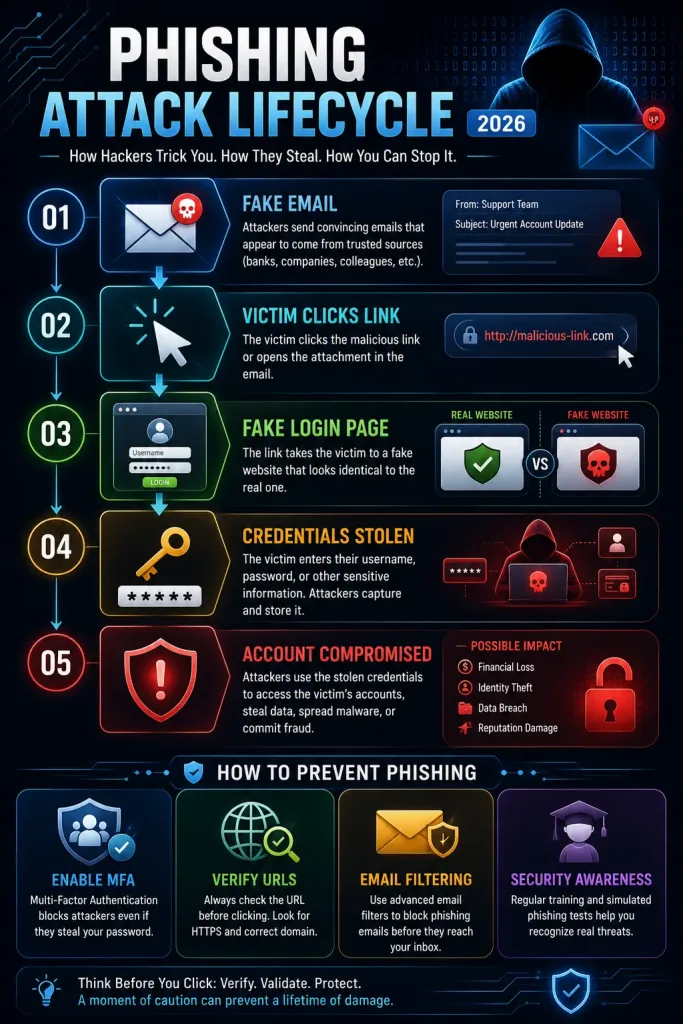 Common Cyber Attack Types: How Hackers Actually Break In 3 Phishing Attack Lifecycle Infographic Illustrating How Cybercriminals Use Fake Emails, Malicious Links, Fake Login Pages, Stolen Credentials, And Account Compromise, Along With Phishing Prevention Best Practices Including Multi-Factor Authentication, Url Verification, Email Filtering, And Security Awareness Training.