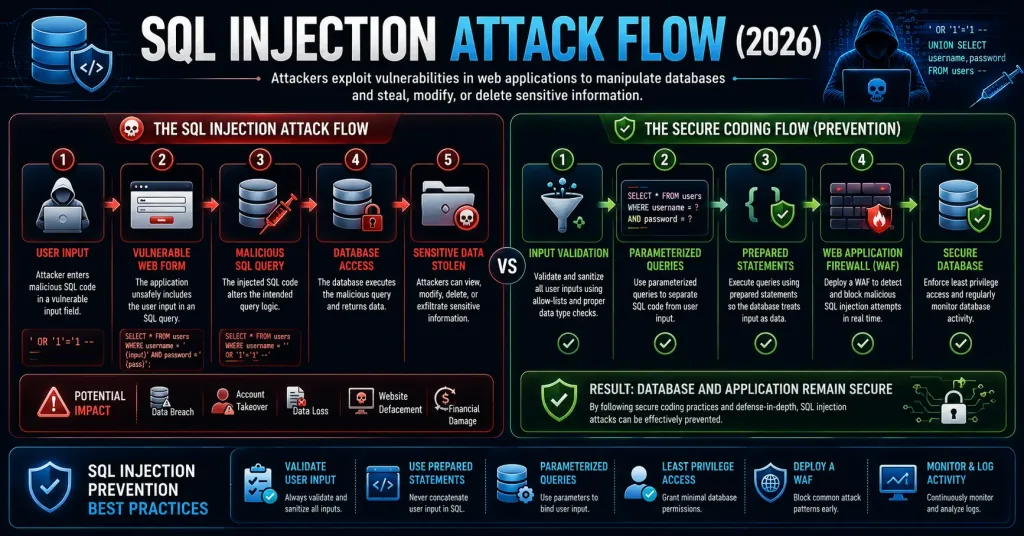 Common Cyber Attack Types: How Hackers Actually Break In 4 Sql Injection Attack Flow Infographic Comparing How Attackers Exploit Vulnerable Web Forms Using Malicious Sql Queries To Access Databases And Steal Sensitive Information Versus Secure Coding Practices Such As Input Validation, Parameterized Queries, Prepared Statements, Web Application Firewalls, And Least Privilege Database Access.