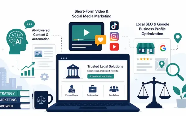 Flat Vector Illustration Of A Law Firm Using Ai Marketing, Short-Form Video, Social Media, And Local Seo Strategies