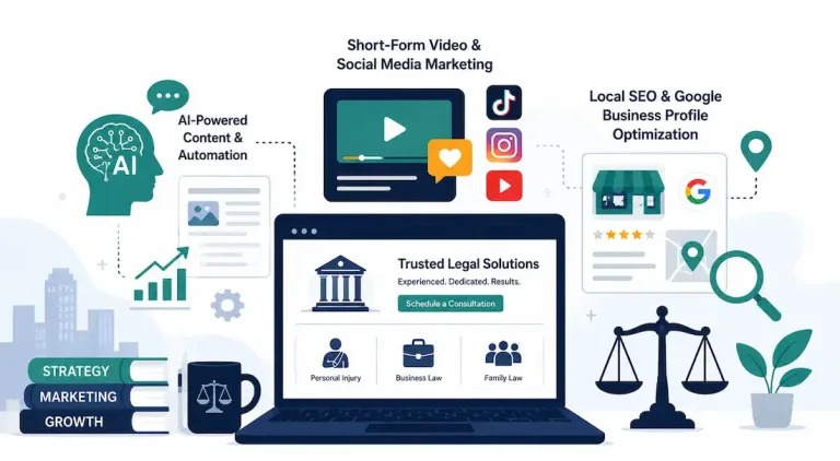 Flat Vector Illustration Of A Law Firm Using Ai Marketing, Short-Form Video, Social Media, And Local Seo Strategies