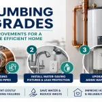 Feature Infographic Showing Three Essential Plumbing Upgrades: Replacing Aging Or Corroded Pipes, Installing Water-Saving Fixtures And Leak Protection, And Upgrading An Aging Water Heater.