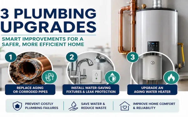Feature Infographic Showing Three Essential Plumbing Upgrades: Replacing Aging Or Corroded Pipes, Installing Water-Saving Fixtures And Leak Protection, And Upgrading An Aging Water Heater.