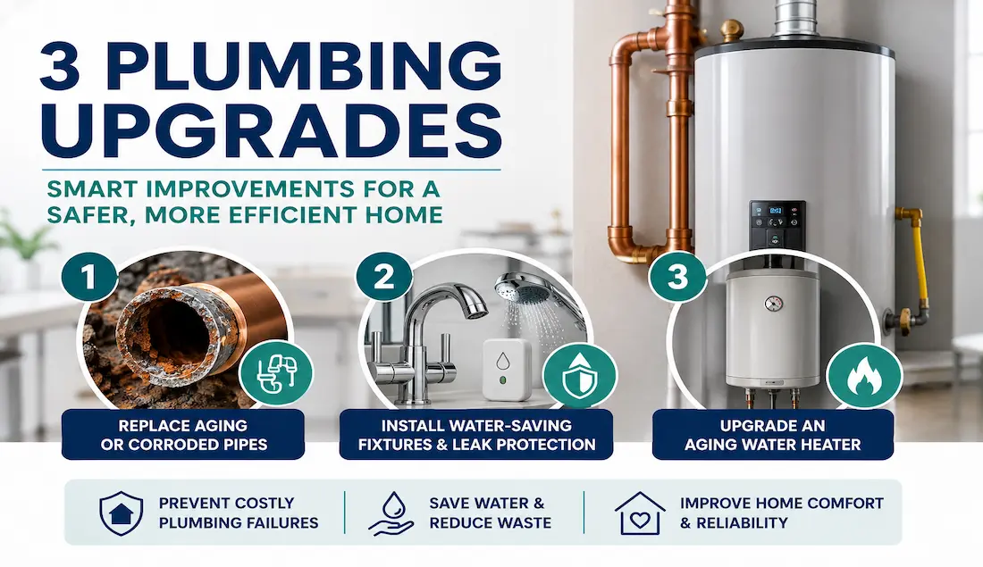 3 Plumbing System Upgrades To Invest In 1 Feature Infographic Showing Three Essential Plumbing Upgrades: Replacing Aging Or Corroded Pipes, Installing Water-Saving Fixtures And Leak Protection, And Upgrading An Aging Water Heater.