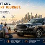 A Family With Luggage Beside A Large Suv Overlooking The Dubai Skyline, Illustrating Spacious And Comfortable Suv Rental For City Travel, Road Trips, And Group Journeys.