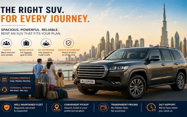 A Family With Luggage Beside A Large Suv Overlooking The Dubai Skyline, Illustrating Spacious And Comfortable Suv Rental For City Travel, Road Trips, And Group Journeys.