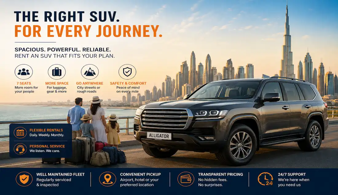 How To Choose The Right Crossover And 7-Seater In Dubai 1 A Family With Luggage Beside A Large Suv Overlooking The Dubai Skyline, Illustrating Spacious And Comfortable Suv Rental For City Travel, Road Trips, And Group Journeys.