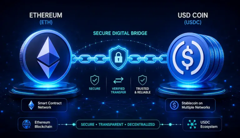 Eth-Backed Crypto Loan Concept Showing Ethereum Collateral Linked To Usdc Stablecoin Lending