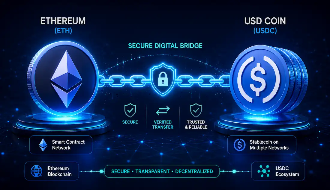 Eth-Backed Crypto Loan Concept Showing Ethereum Collateral Linked To Usdc Stablecoin Lending