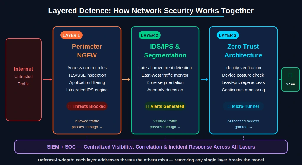 Network Security Fundamentals: Firewalls, Ids/Ips, And Zero Trust Architecture 6 Layered Defence Architecture Diagram Showing Network Traffic Flowing From Untrusted Internet Through Three Security Layers — Layer 1 Perimeter Ngfw For Access Control And Tls Inspection, Layer 2 Ids/Ips For Lateral Movement Detection And Zone Segmentation, Layer 3 Zero Trust For Identity Verification And Least-Privilege Access — Before Reaching Protected Resources, With Siem And Soc Providing Centralized Visibility Across All Layers