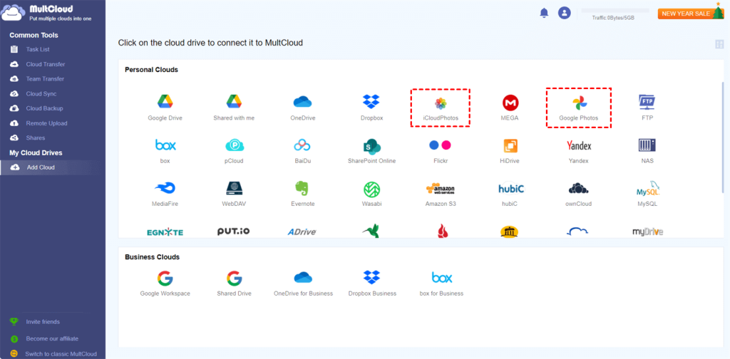 How To Transfer Google Photos To Icloud Without Losing Your Pictures 5 Multcloud Add Cloud Screen With Icloud Photos And Google Photos Options Highlighted Among Supported Cloud Services