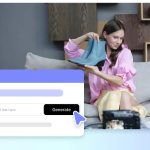 Product Video Generation Interface Showing A Woman Cooking In A Kitchen, With A Product-Link Input, Generate Button, And Video Thumbnail Timeline.