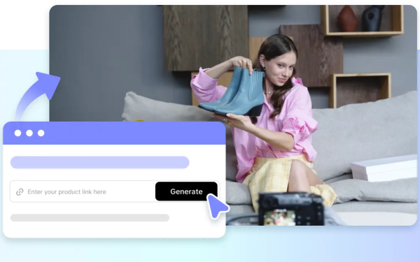 Product Video Generation Interface Showing A Woman Cooking In A Kitchen, With A Product-Link Input, Generate Button, And Video Thumbnail Timeline.