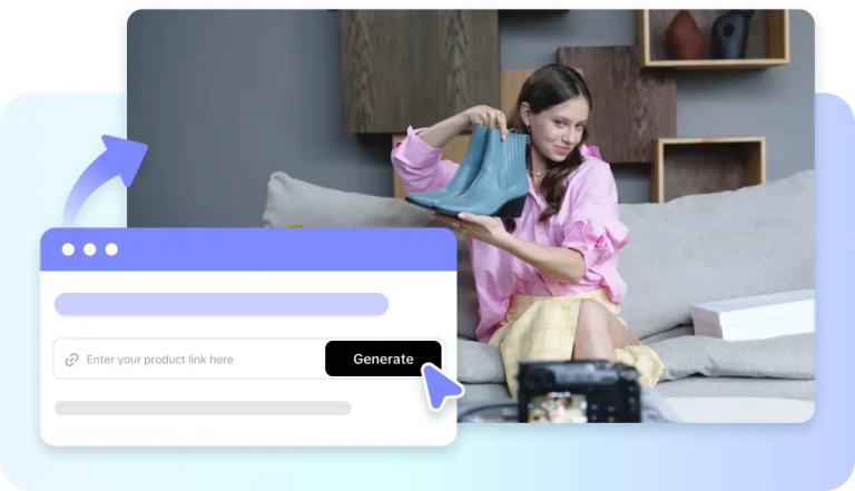 Product Video Generation Interface Showing A Woman Cooking In A Kitchen, With A Product-Link Input, Generate Button, And Video Thumbnail Timeline.