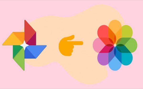 Google Photos Logo Pointing Toward The Apple Photos Logo, Representing Transferring Photos From Google Photos To Icloud