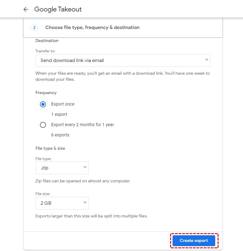 How To Transfer Google Photos To Icloud Without Losing Your Pictures 3 Google Takeout Screen Showing Export Destination, Frequency, File Type, And Size Settings With The Create Export Button Highlighted
