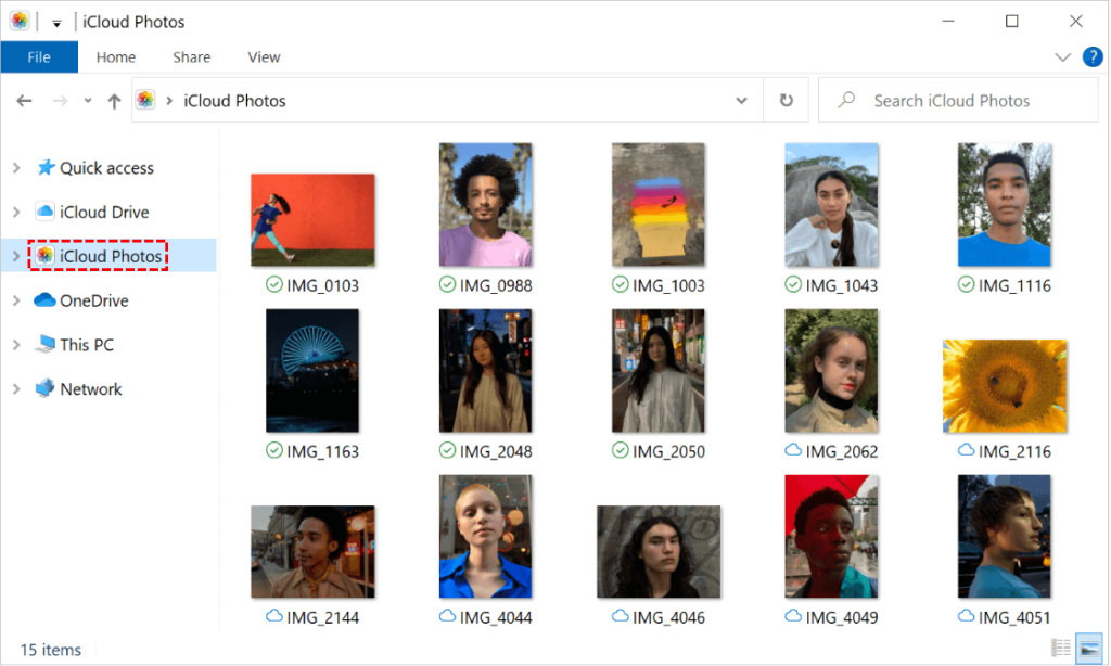 How To Transfer Google Photos To Icloud Without Losing Your Pictures 4 Icloud Photos Folder Open In Windows File Explorer Showing 15 Synced Photos With Upload Status Icons