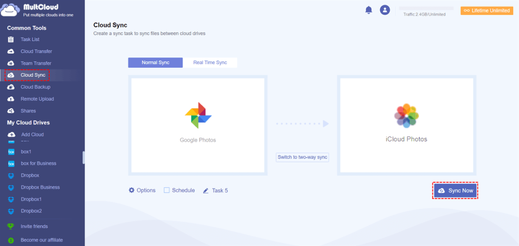 How To Transfer Google Photos To Icloud Without Losing Your Pictures 6 Multcloud Cloud Sync Screen Set Up To Sync Google Photos To Icloud Photos With The Sync Now Button Highlighted