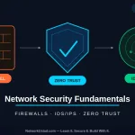 Network Security Fundamentals: Firewalls, Ids/Ips, And Zero Trust Architecture 16 Network Security Fundamentals Illustration Showing Three Core Security Components — A Firewall Brick Wall Icon In Orange, A Zero Trust Verification Shield With Checkmark In Cyan, And An Ids/Ips Radar Scanner Detecting Threats In Green — Connected In A Layered Defence Architecture
