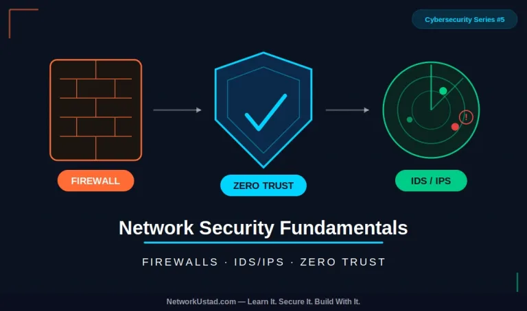 Network Security Fundamentals: Firewalls, Ids/Ips, And Zero Trust Architecture 2 Network Security Fundamentals Illustration Showing Three Core Security Components — A Firewall Brick Wall Icon In Orange, A Zero Trust Verification Shield With Checkmark In Cyan, And An Ids/Ips Radar Scanner Detecting Threats In Green — Connected In A Layered Defence Architecture