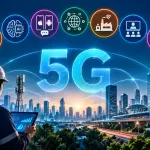 Futuristic 5G Telecommunications Network Featuring Ai, Cloud Computing, Edge Technology, Wireless Infrastructure, Smart Cities, And Sustainable Connectivity.