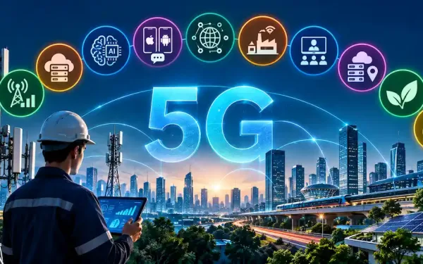 Futuristic 5G Telecommunications Network Featuring Ai, Cloud Computing, Edge Technology, Wireless Infrastructure, Smart Cities, And Sustainable Connectivity.