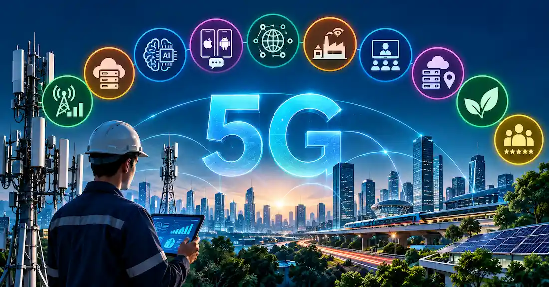 Top 10 Telecom Technology Trends For 2026 1 Futuristic 5G Telecommunications Network Featuring Ai, Cloud Computing, Edge Technology, Wireless Infrastructure, Smart Cities, And Sustainable Connectivity.