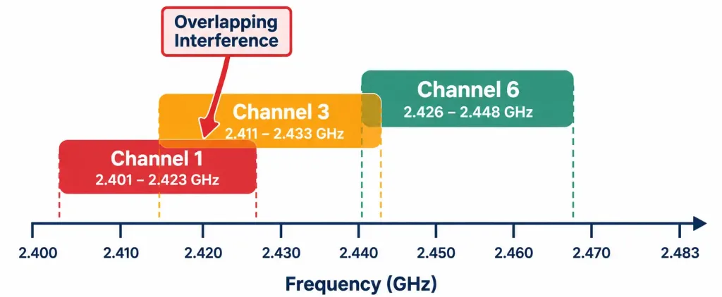 Wireless Principles: Channels, Ssids, Rf Fundamentals, And Encryption 3 Frequency Chart Showing How 2.4Ghz Wi-Fi Channels 1 And 3 Overlap While Channels Spaced Further Apart Do Not