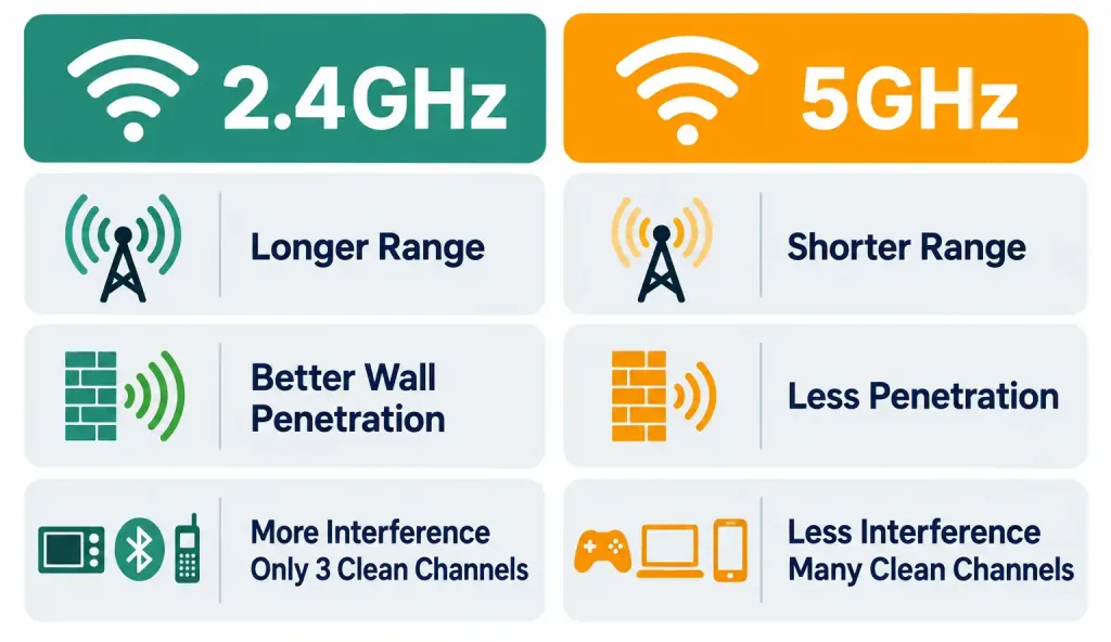 Wireless Principles: Channels, Ssids, Rf Fundamentals, And Encryption 2 Comparison Of 2.4Ghz And 5Ghz Wi-Fi Bands Across Range, Wall Penetration, And Interference