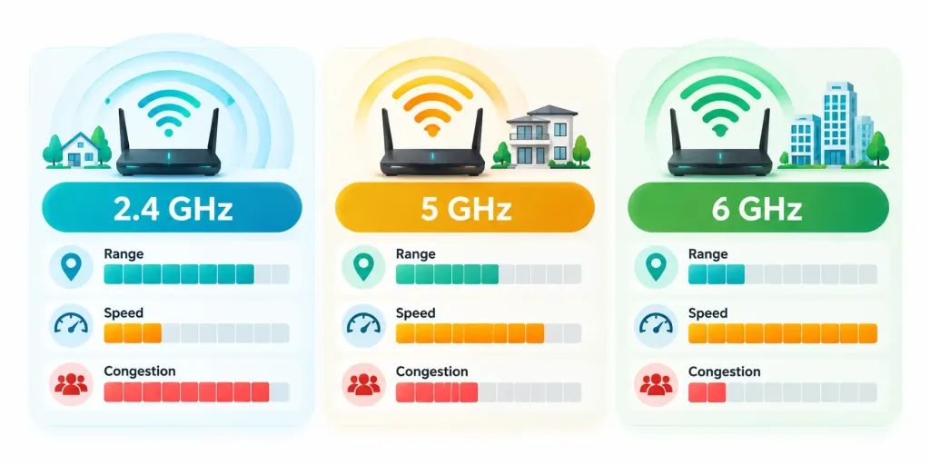 Lesson 2.9: Small Wireless Network Capabilities 3 Comparison Chart Of Range, Speed, And Congestion Across The 2.4 Ghz, 5 Ghz, And 6 Ghz Wi-Fi Bands