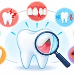 A Dental Warning Signs Illustration Showing A Tooth Under A Magnifying Glass Surrounded By Icons Representing Bleeding Gums, Toothache, Sensitivity, Cavities, Mouth Sores, Bad Breath, And Cracked Teeth.